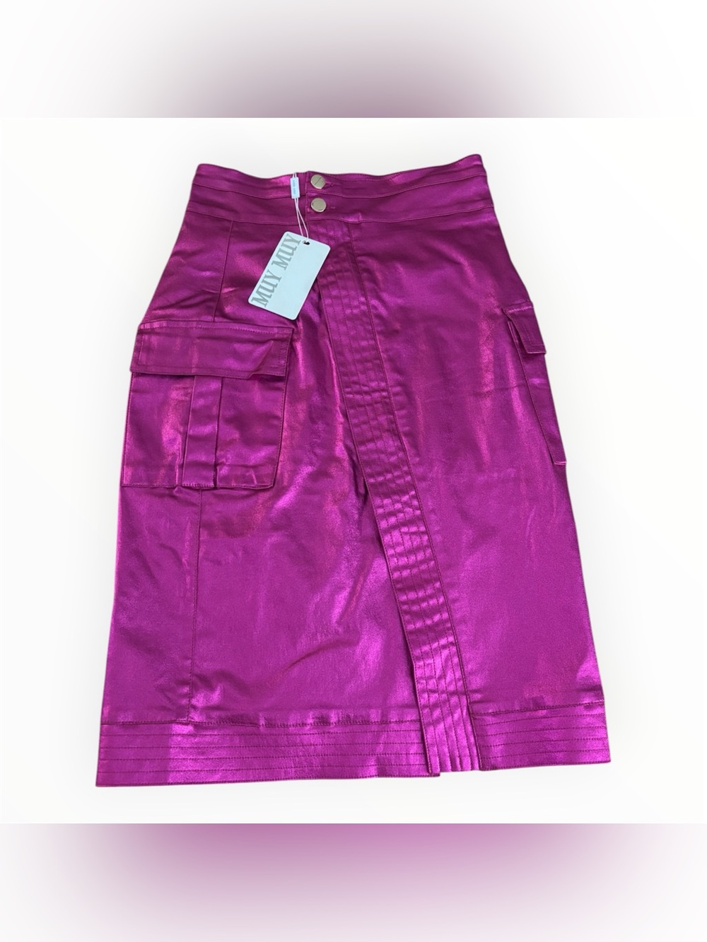 NWT MUY MUY Metallic Fuchsia Pink Cargo Midi Skirt w/ Two Way Zip | Size M
